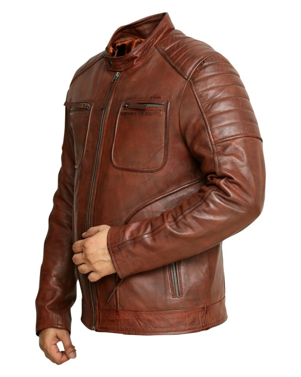 Мужская байкерская куртка из натуральной воловьей кожи на молнии с карманами