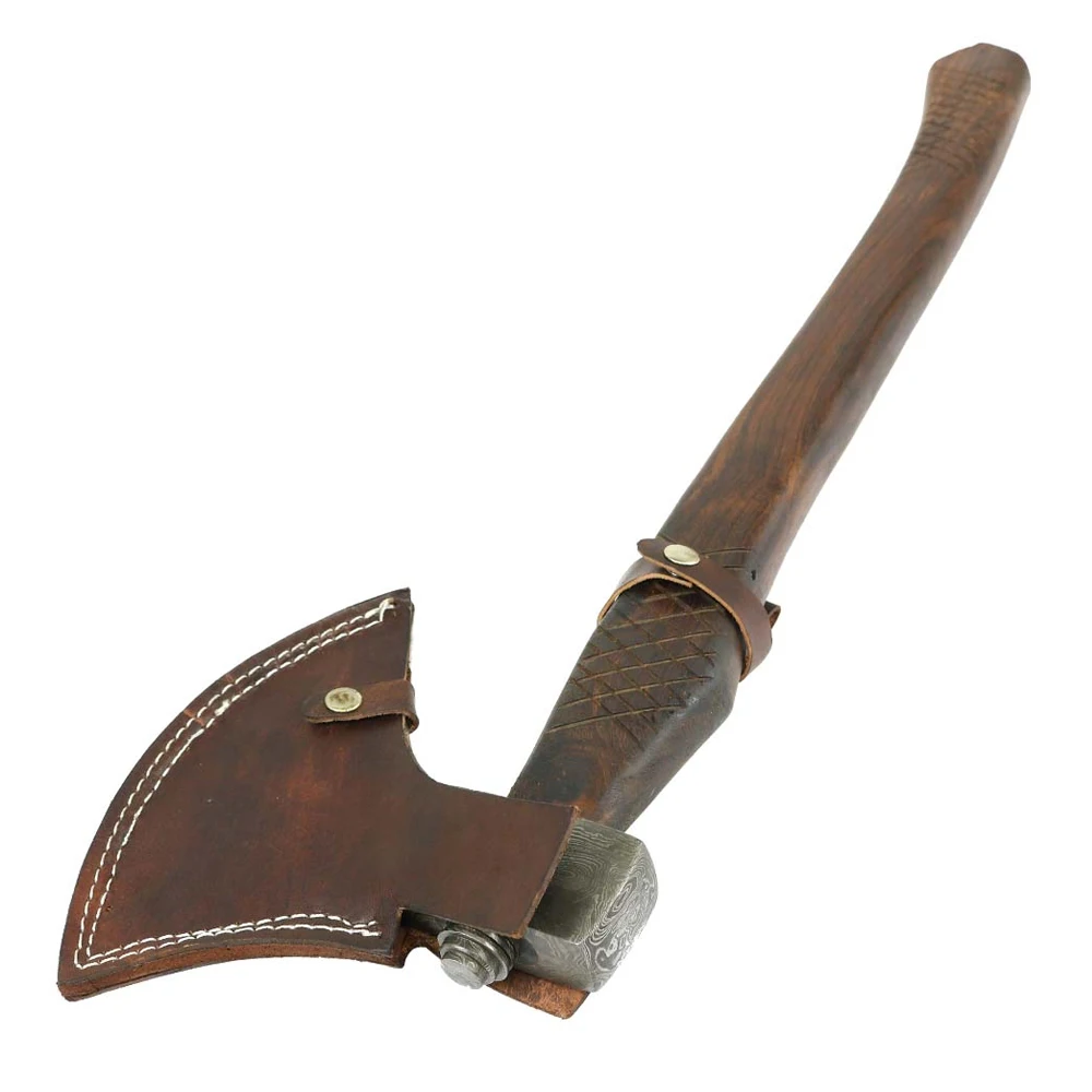 Custom Hand Made Damascus Steel Hunting Axes with pure Leather Sheath