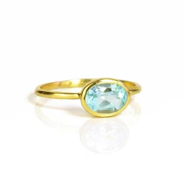 
Blue Topaz Quartz Oval Shape Bezel set Gold Vermeil Ring 