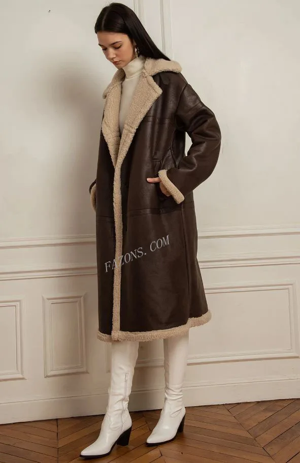 Womens Long Shearling Fur Coat Real Sheepskin Leather Jacket Causal Ladies Over Coat Winter Sherpa Fashion Long Jacket Coat