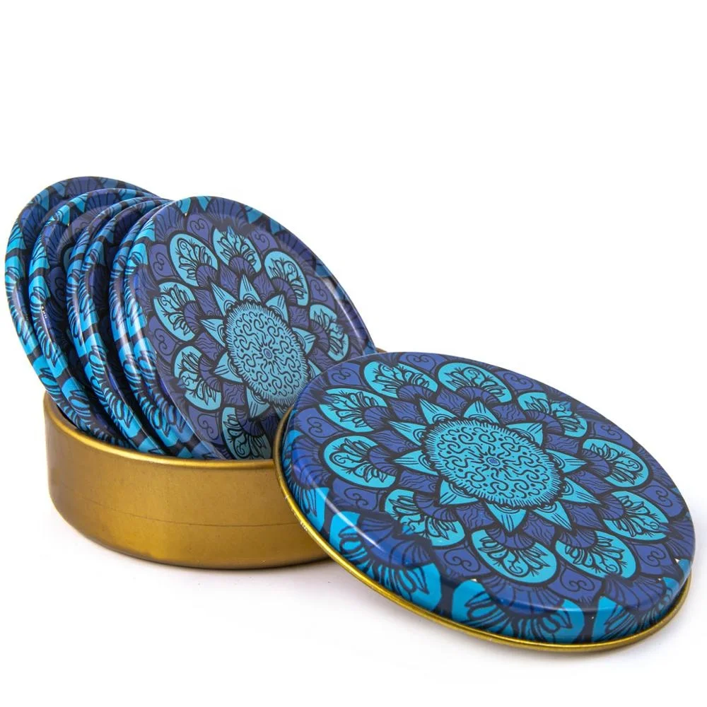 BLUE - TURQUOISE MANDALA DESIGNED  AND BOXED  SIX METAL TEA COASTER - MAT FROM TURKEY