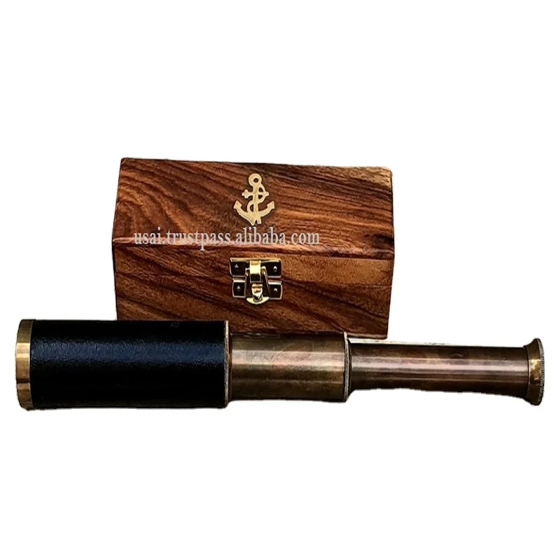 Antique Design 12 Inch Telescope Handheld Wooden Box Optic Nautical Pirate Scope Spyglass Leather Covered Telescope with Anchor