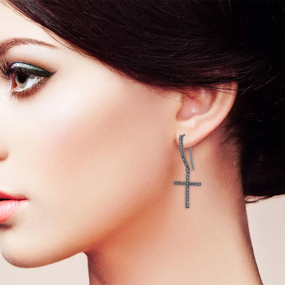 Single Line Pave Diamond Religious Cross Charm 925 Silver Ear Wire Hook Drop Dangle Earrings Jewelry Wholesale