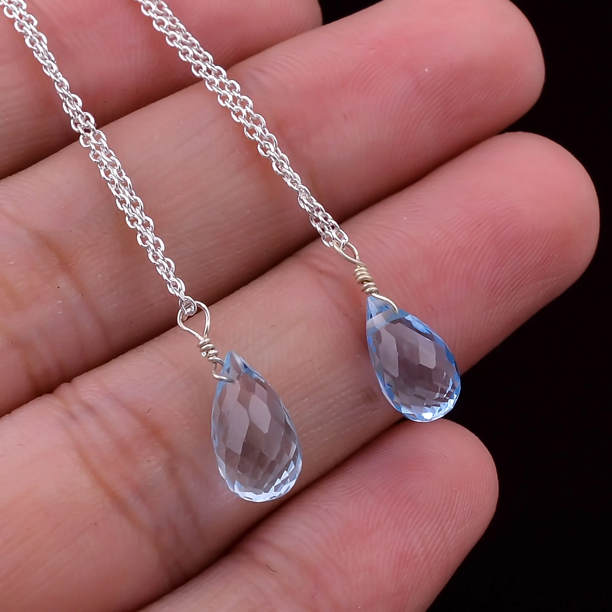 Natural Sky Blue Topaz Tear Drops Crystals Pendant Necklace Gemstone Healing Crystal Birthstone 925 Sterling Silver Jewelry