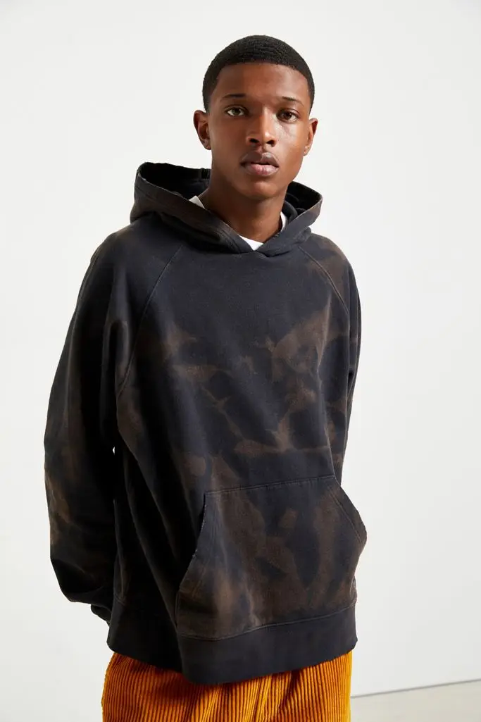  Черные толстовки с принтом мужские рукавом реглан отбеливающие большого размера кенгуру и карманами