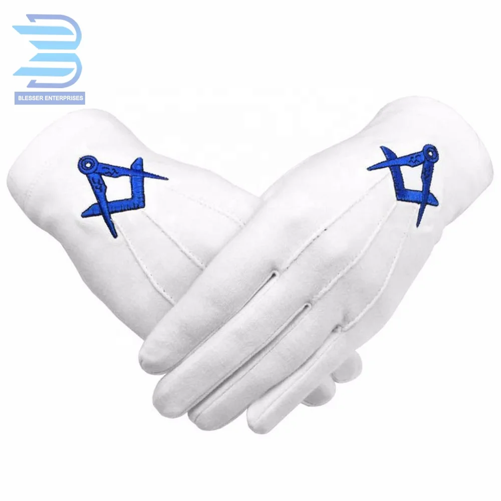 Масонские перчатки хлопок синий угольник и циркуль машина вышивка