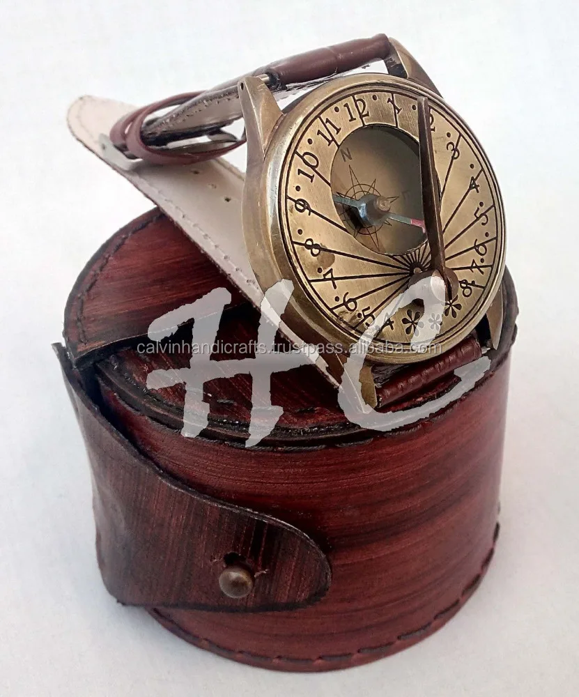 Calvin Handicraft Antique Nautical Sundial Compass Solid Brass Wrist Watch with Leather Case For Father Mother Brother CHCOM001