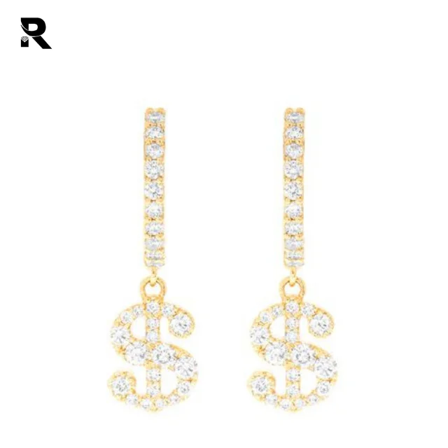14K Gold Dangling Dollar Sign Huggie Hoop Earrings With Round Shape Diamond At Whole Sale Price