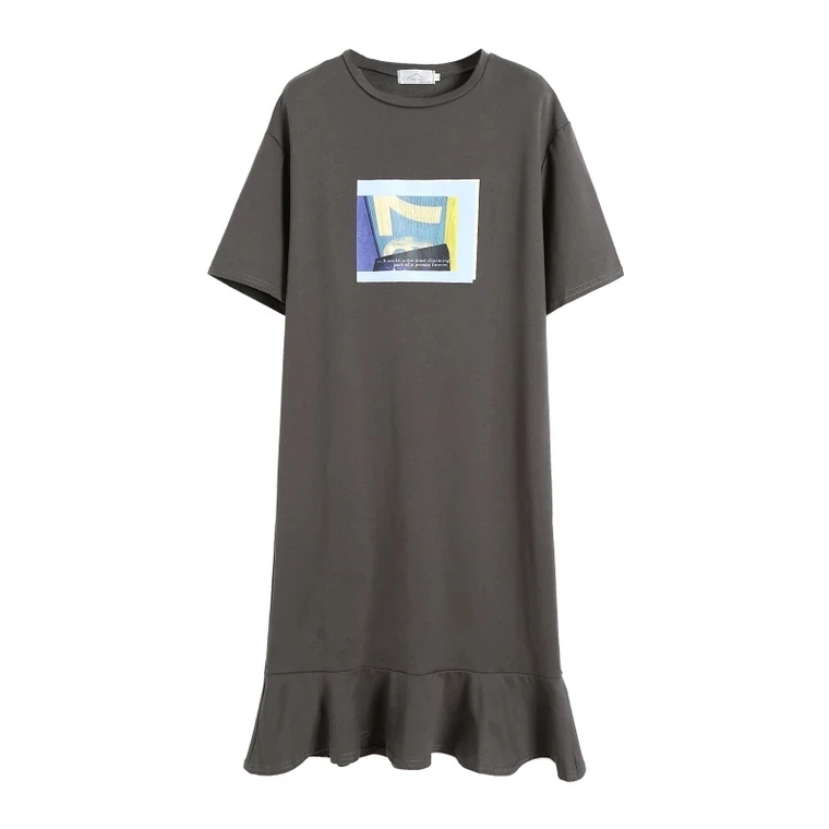 Hot sale custom casual cotton t shirt dress summer long skirt women clothing loose oversized graphic print ruffles midi dresses