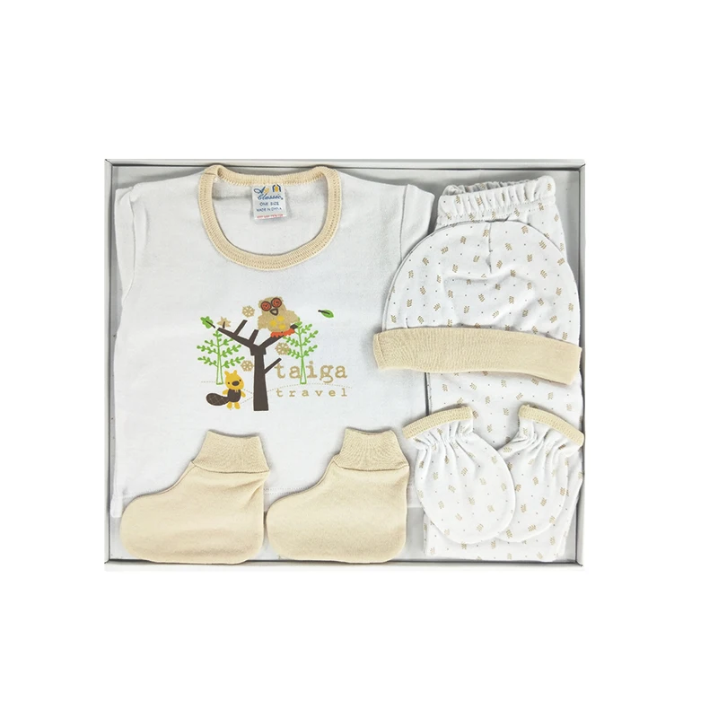 Factory Sell High Quality 100% Cotton Layette Newborn Baby Clothes 5 PCS Set with  cap, gloves, shirt, pants and socks