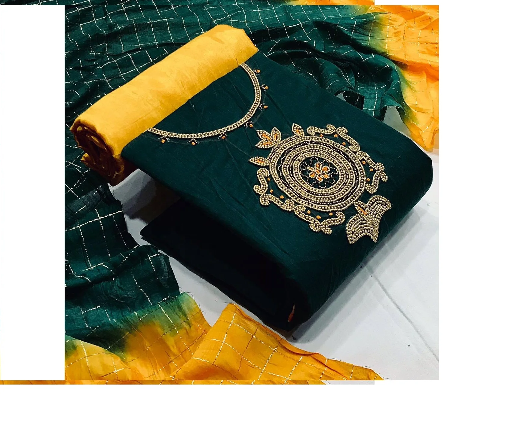 charming chanderi silk with handwork material readymade dress and santoon bottam with nanzeen with sibori box dupatta