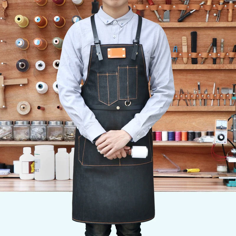 Custom LOGO Cafe Workwear Sling Apron Fashion Denim Canvas Leather Apron
