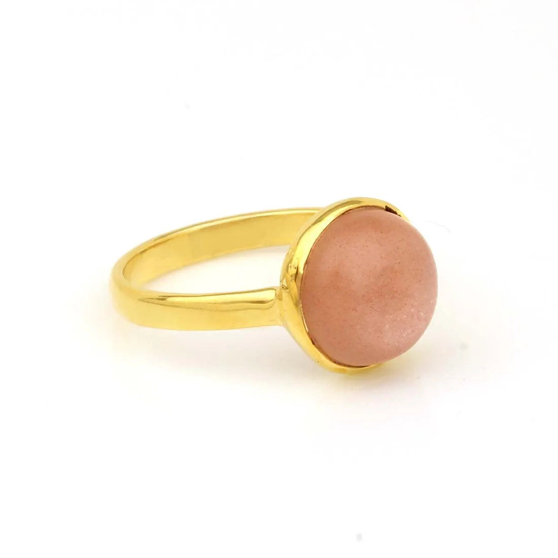 Best Selling New Design 10mm Natural Peach Moonstone Bezel 18k Gold Plated Sterling Silver Round Dainty Gemstone Ring For Women
