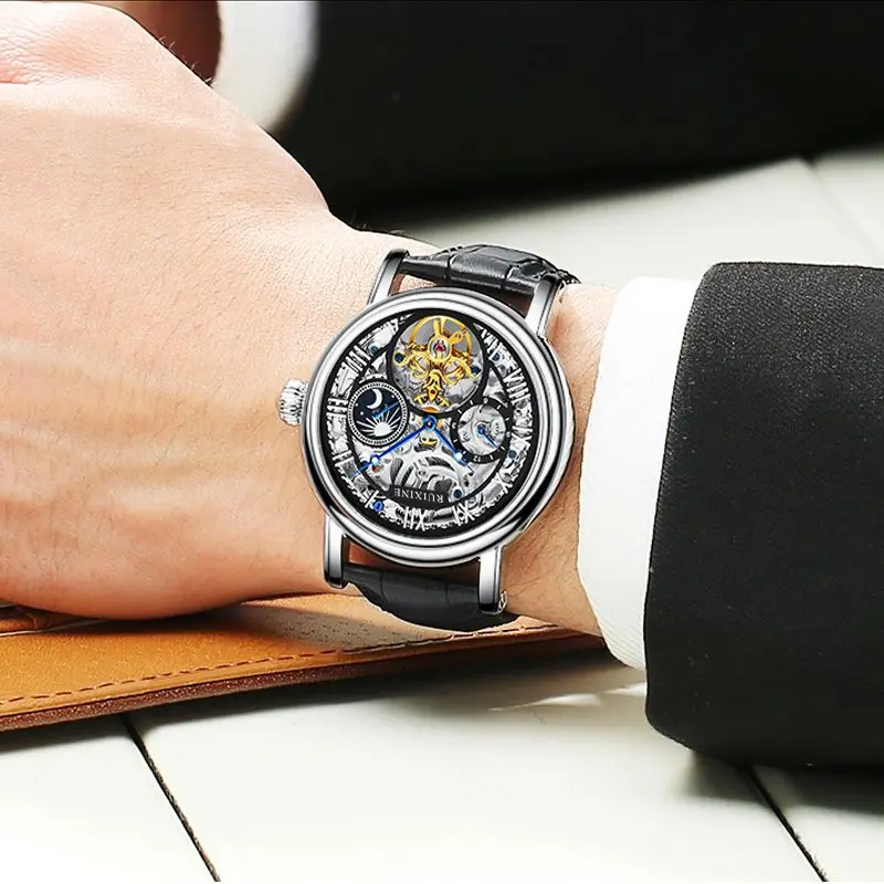 Часы мужские механические, Роскошные наручные часы-скелетоны с кожаным ремешком, с лунным турбийоном, Прямая поставка