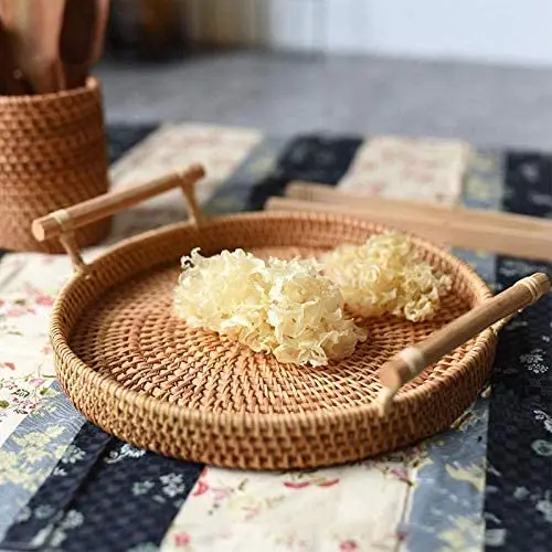 Лоток для хранения из ротанга круглая корзина с ручкой плетеный лоток плетеная хлеба фруктов еды завтрака
