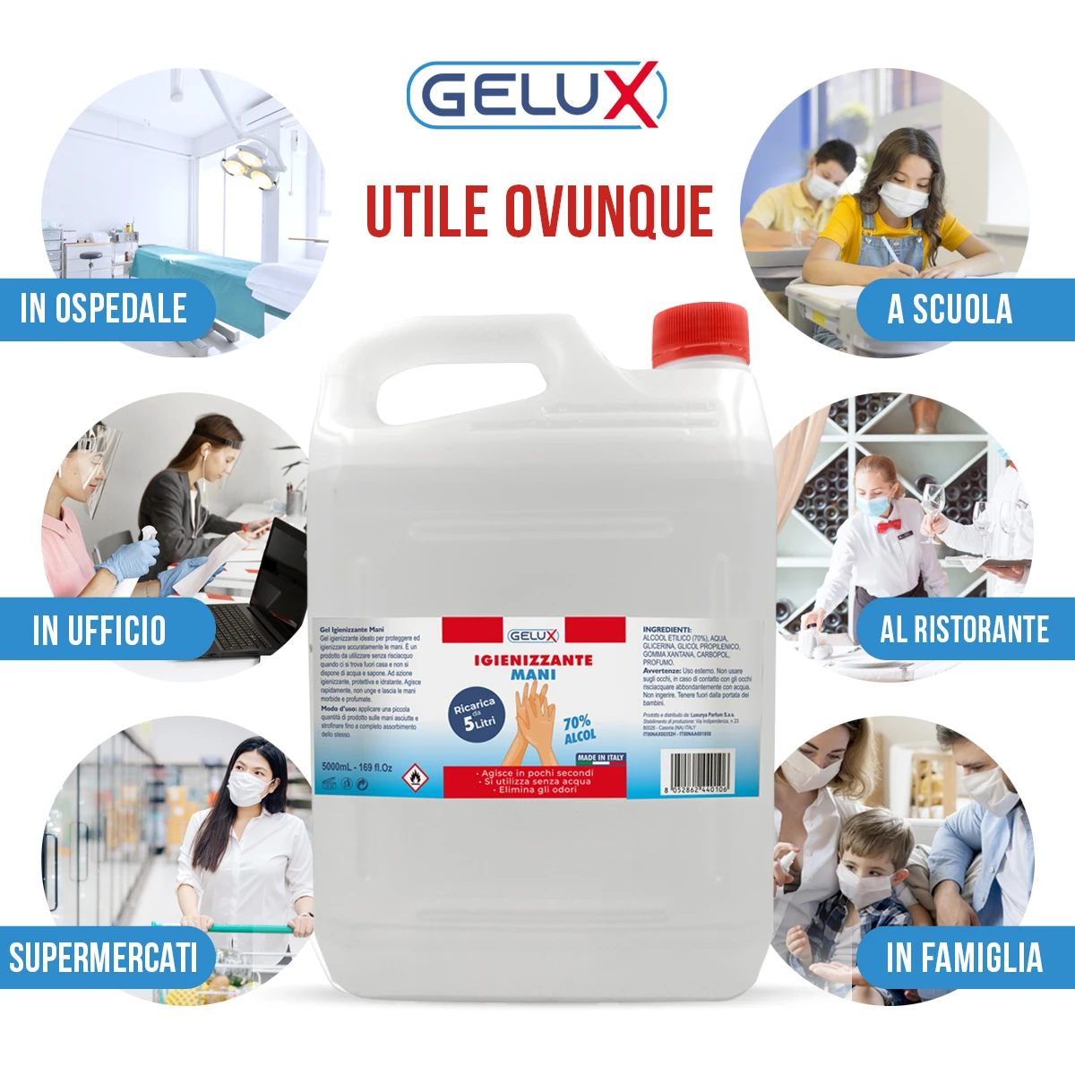 top quality Italian hand gel portable cleaning perfume scent alcohol gelux 5lt for wholesale