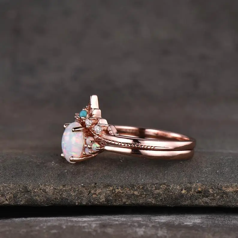 Обручальное кольцо с белым огненным опалом винтажный свадебный набор обещания из розового золота ручной работы Подарок на годовщину и день рождения для нее