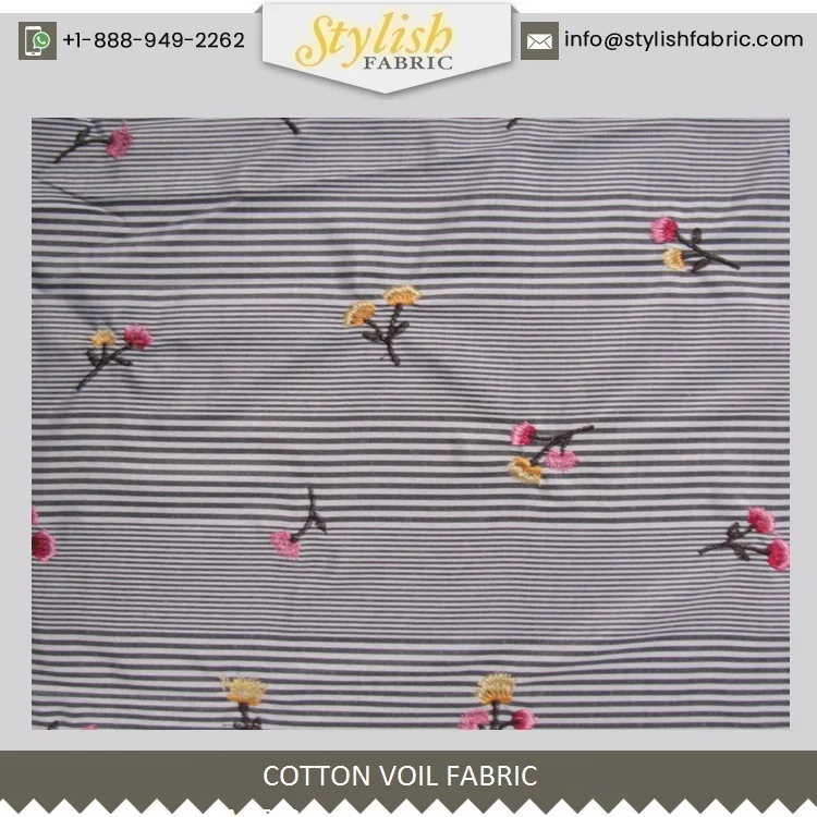 
Black Apricot Flowers Embroidery Drawstring Design on Stripes Cotton Voil Fabric Best Quality Fabric Stylish Fabric Style EB-422 