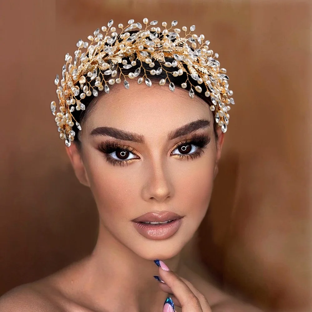 Luxury Rhinestone Wedding Headbands Glass Tiara Crystal Headpiece Bridal Hair Accessories Sliver Golden Headband