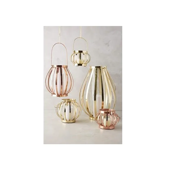Lanterns Hanging Table Centerpiece With Handle  Finishing Shiny Gold and Rose gold Plating With  Glass  Handicraft From India