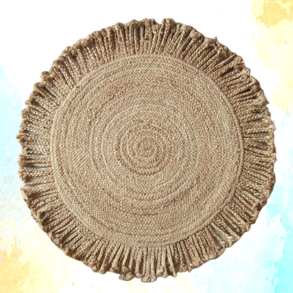 Round Jute Natural Rugs Indian Handmade Jute & Cotton  Purely Rugs Braided Beautiful Traditional Rugs Room Decor Carpet