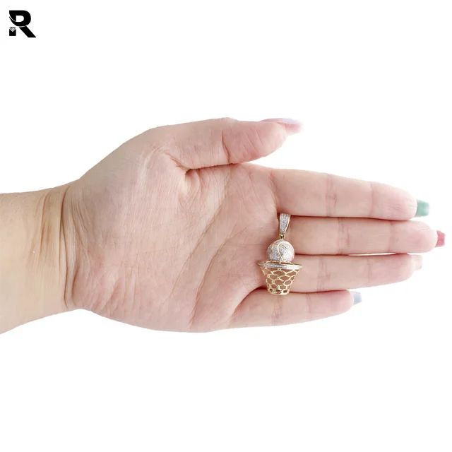 0.33CT 10K Yellow Gold Round Diamond Basketball Pendant Mens Pave Hoop Charm