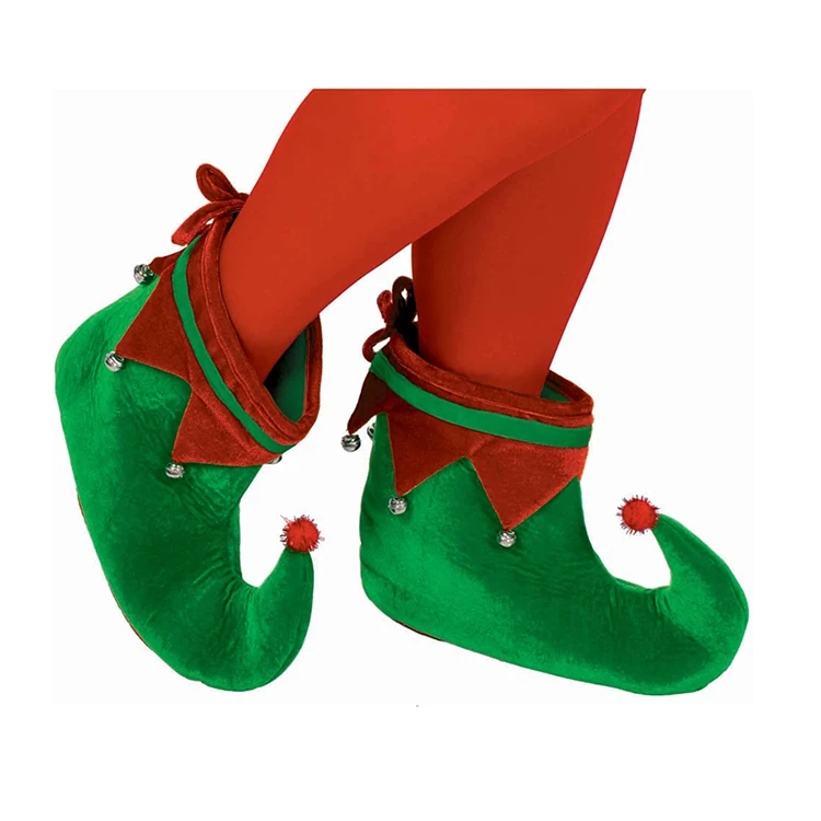 Novelty Red Green Plush Fabric Elf Shoes Slippers Christmas Elf Costume Accessories for Adults Men & Women