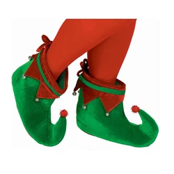 Novelty Red Green Plush Fabric Elf Shoes Slippers Christmas Elf Costume Accessories for Adults Men & Women