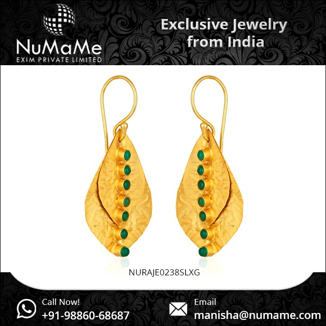 Gorgeous Jewelry with Leaf Design 925 Sterling Silver 14K Gold Plated Green Onyx Gemstone Drop Earrings for Girls on Party Wear