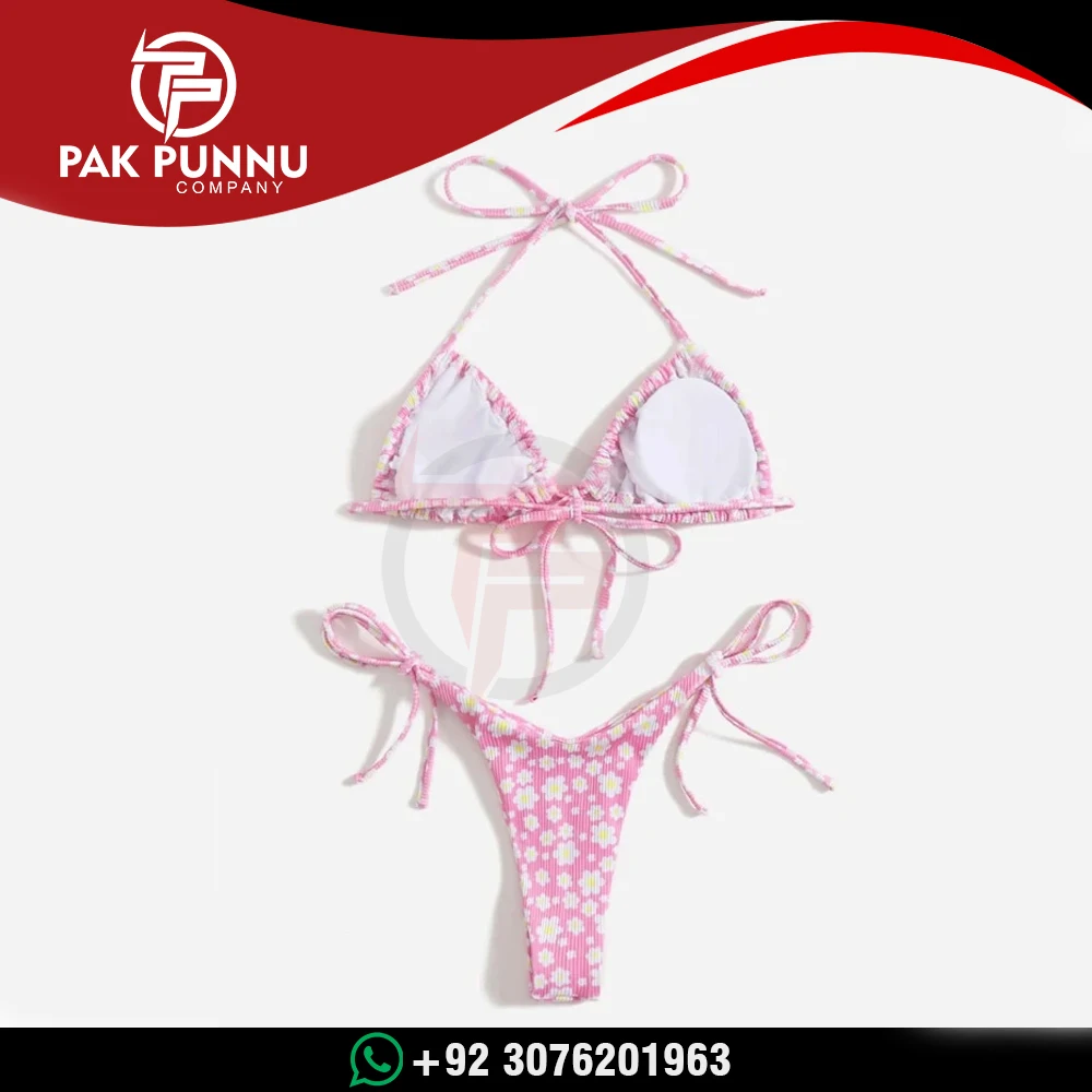 Ditsy Floral Halter Tie Side Bikini Swimsuit / Cute Pink Ditsy Floral Tie Side Thong Removable Padding Bikini Swimsuit For Women