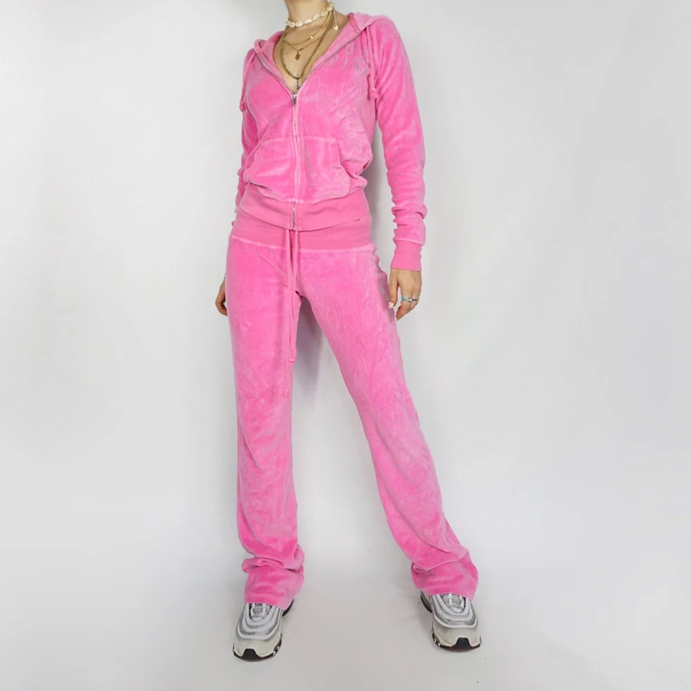 Baby Pink Velour Women Suits With Golden Zipper And Hoodie with Fur