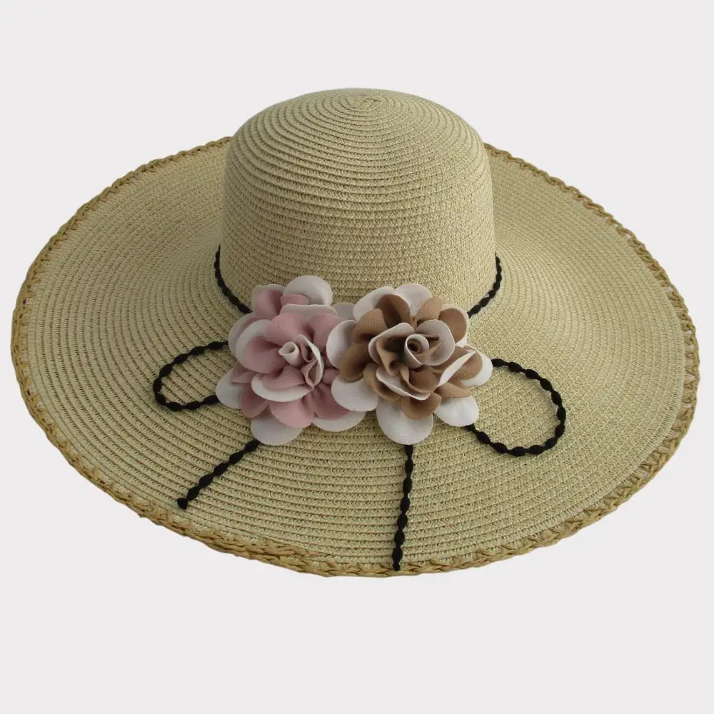 High quality Raffia seaside holiday summer sunshade crocheted packable raffia straw hat with lace band, sun hat handicraft